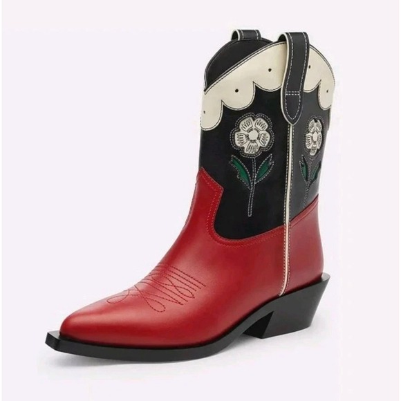 Coach Shoes - Coach Aria Western Bootie Red Black Floral Embroidery Leather Cowboy Boots 9.5